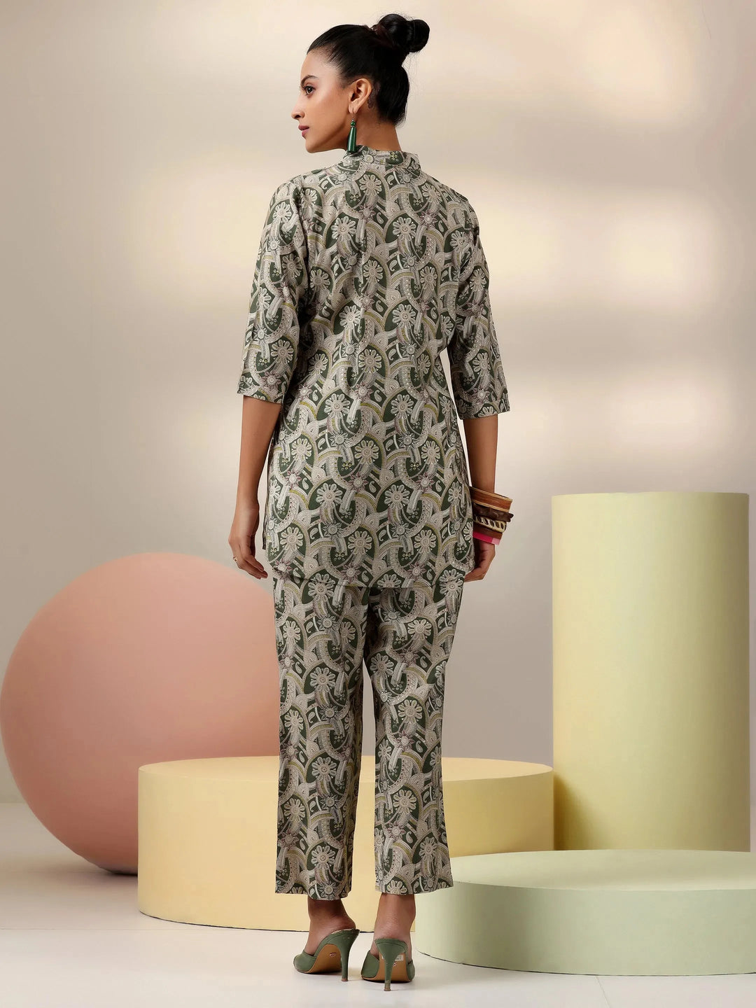  Green Printed Silk Blend Co-Ords 
