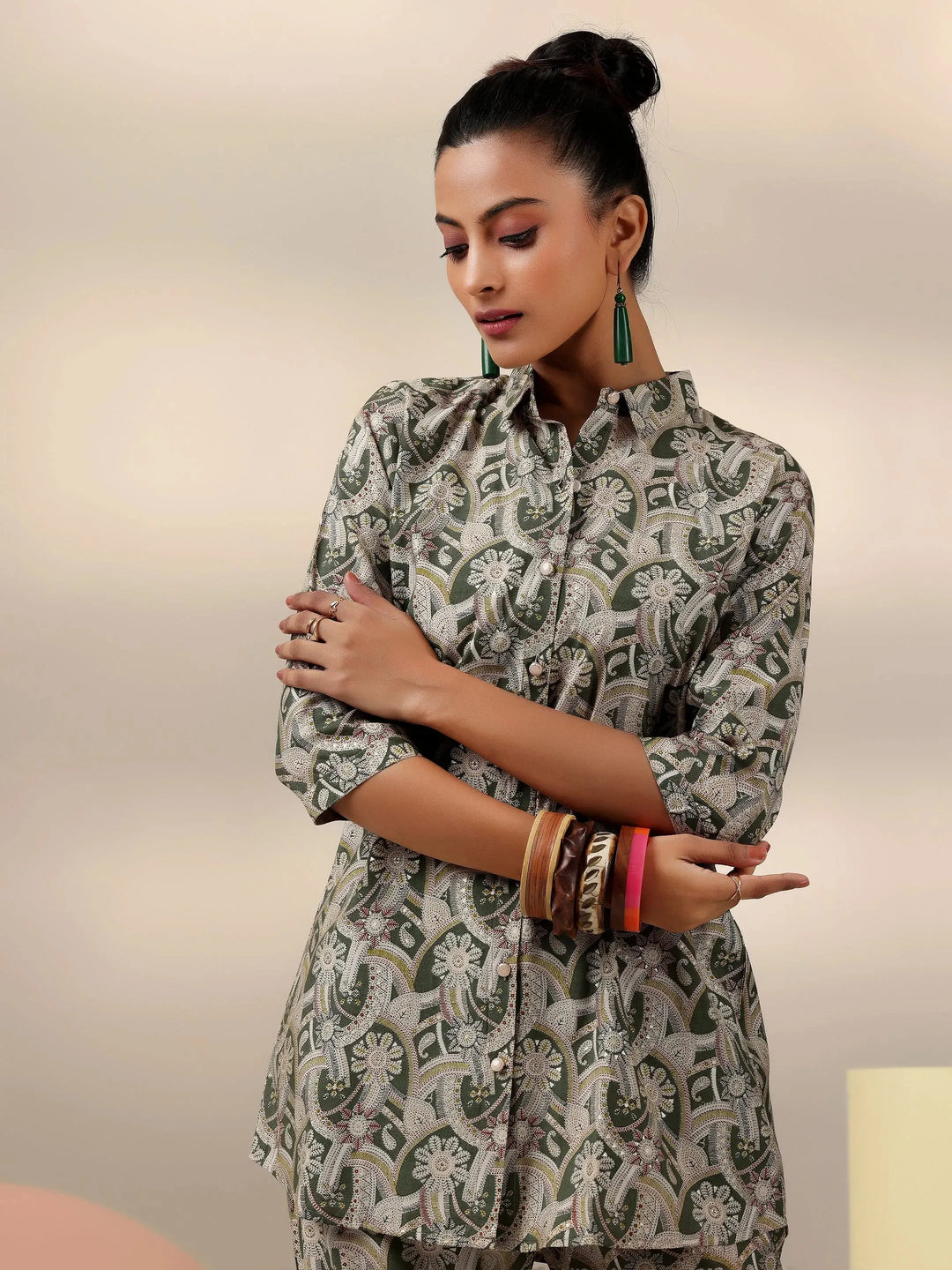  Green Printed Silk Blend Co-Ords 