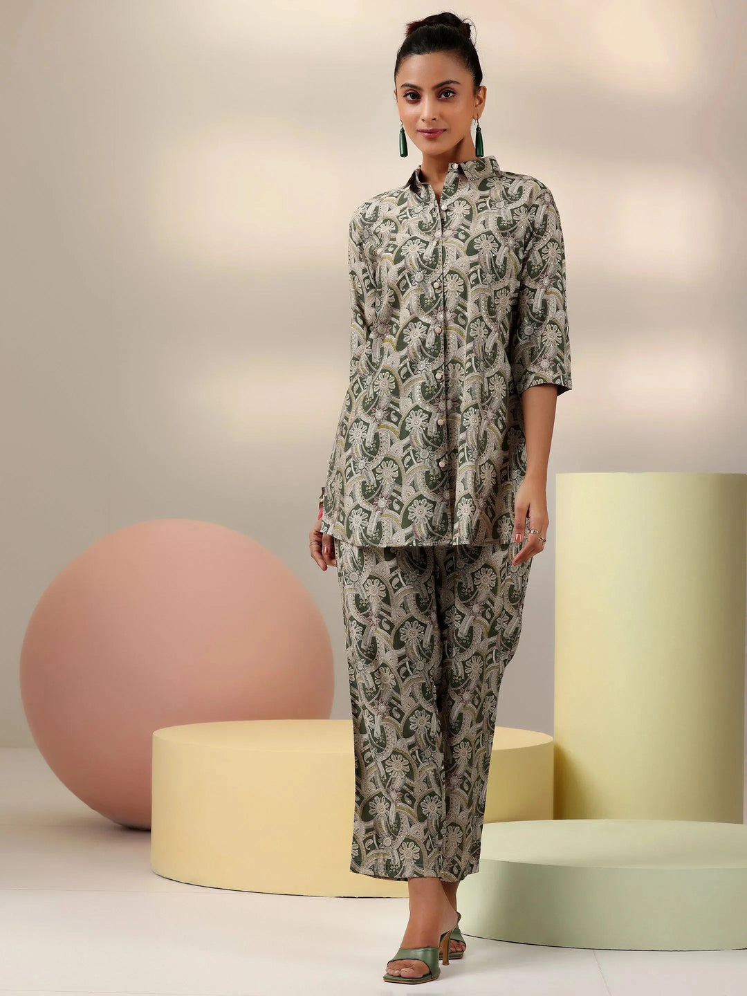  Green Printed Silk Blend Co-Ords 