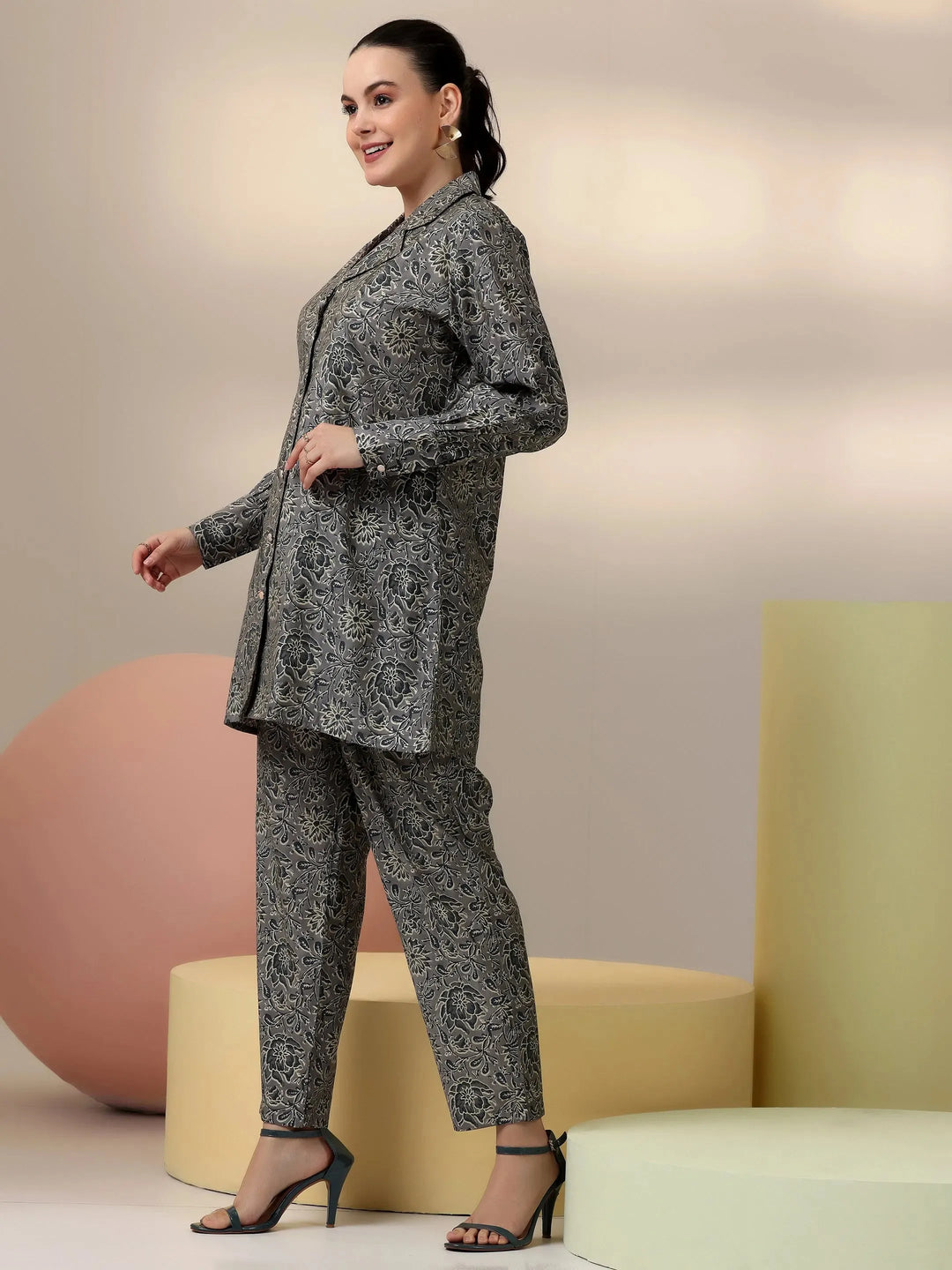  Grey Printed Silk Blend Co-Ords 