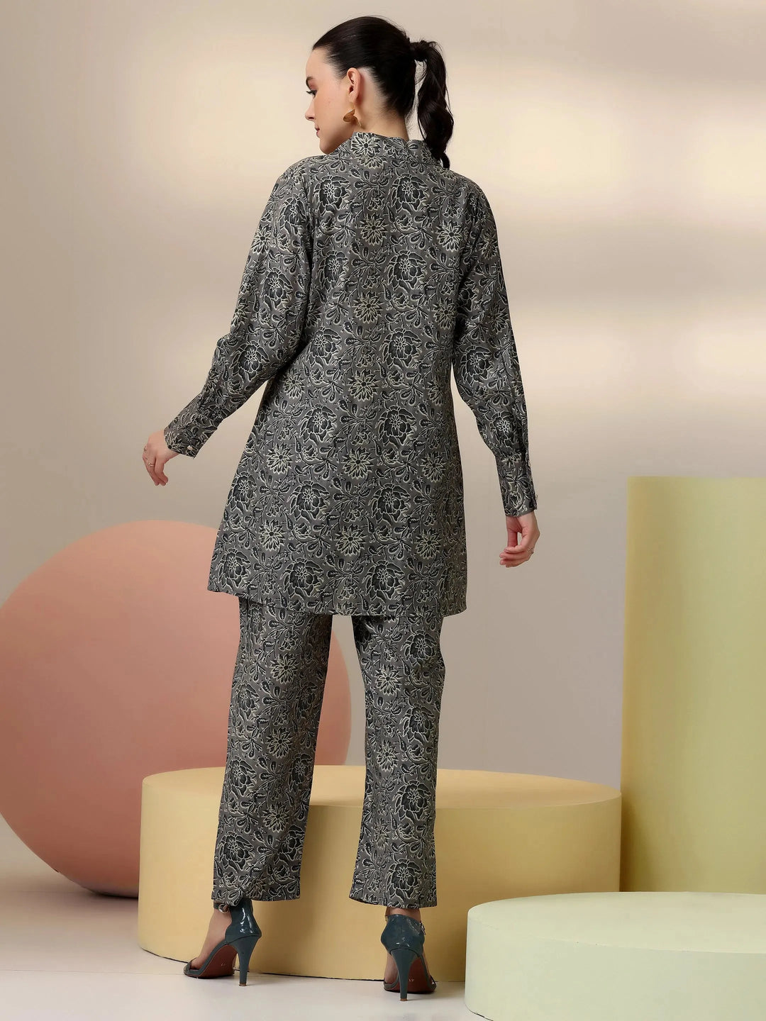  Grey Printed Silk Blend Co-Ords 