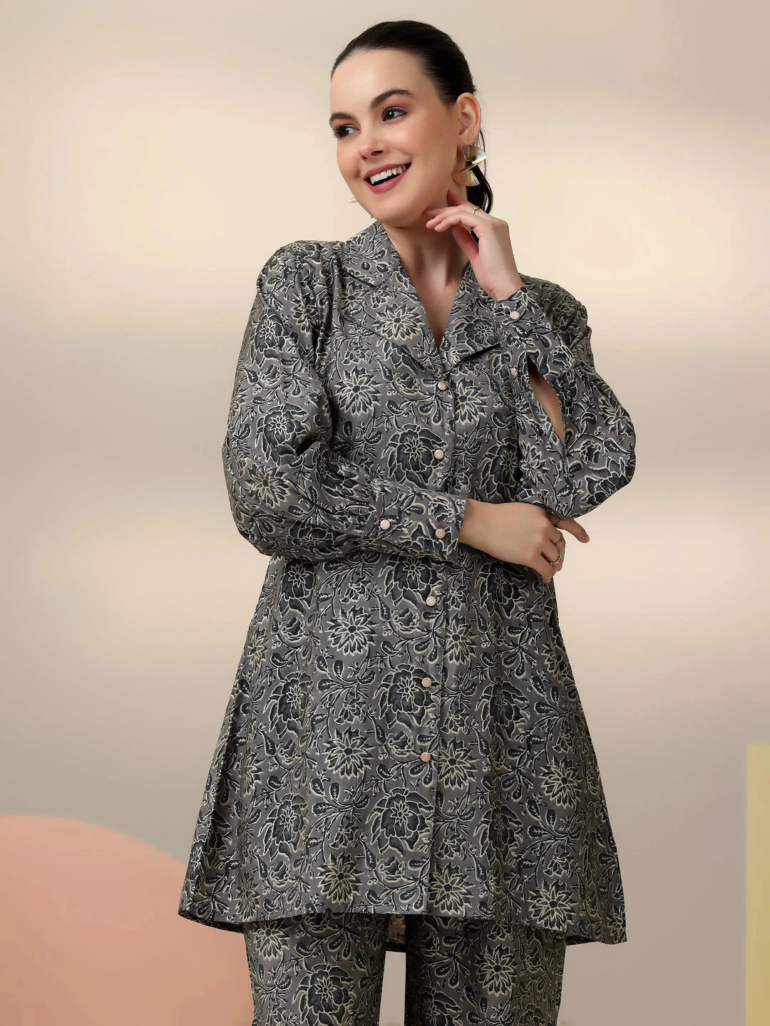  Grey Printed Silk Blend Co-Ords 