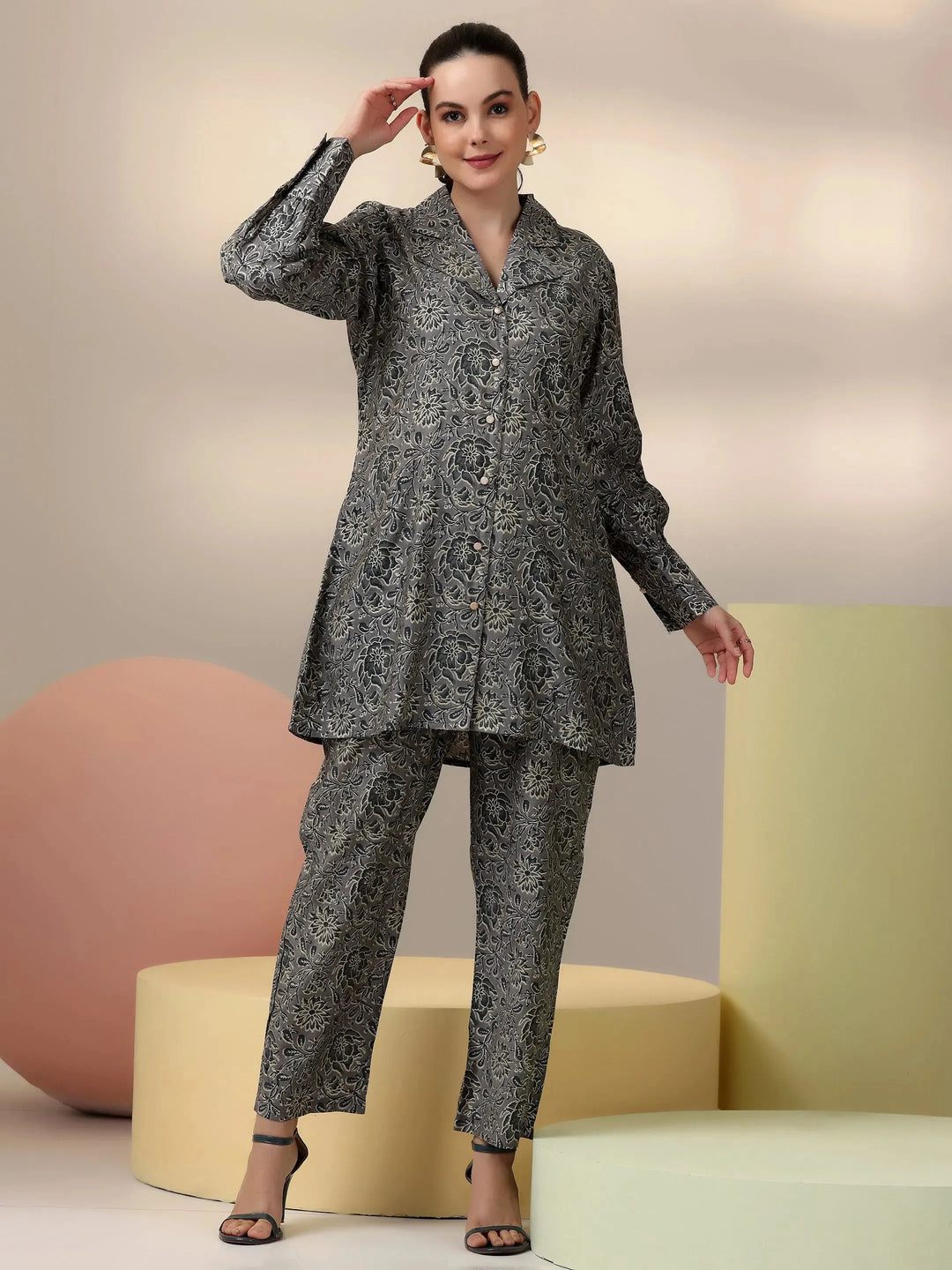  Grey Printed Silk Blend Co-Ords 