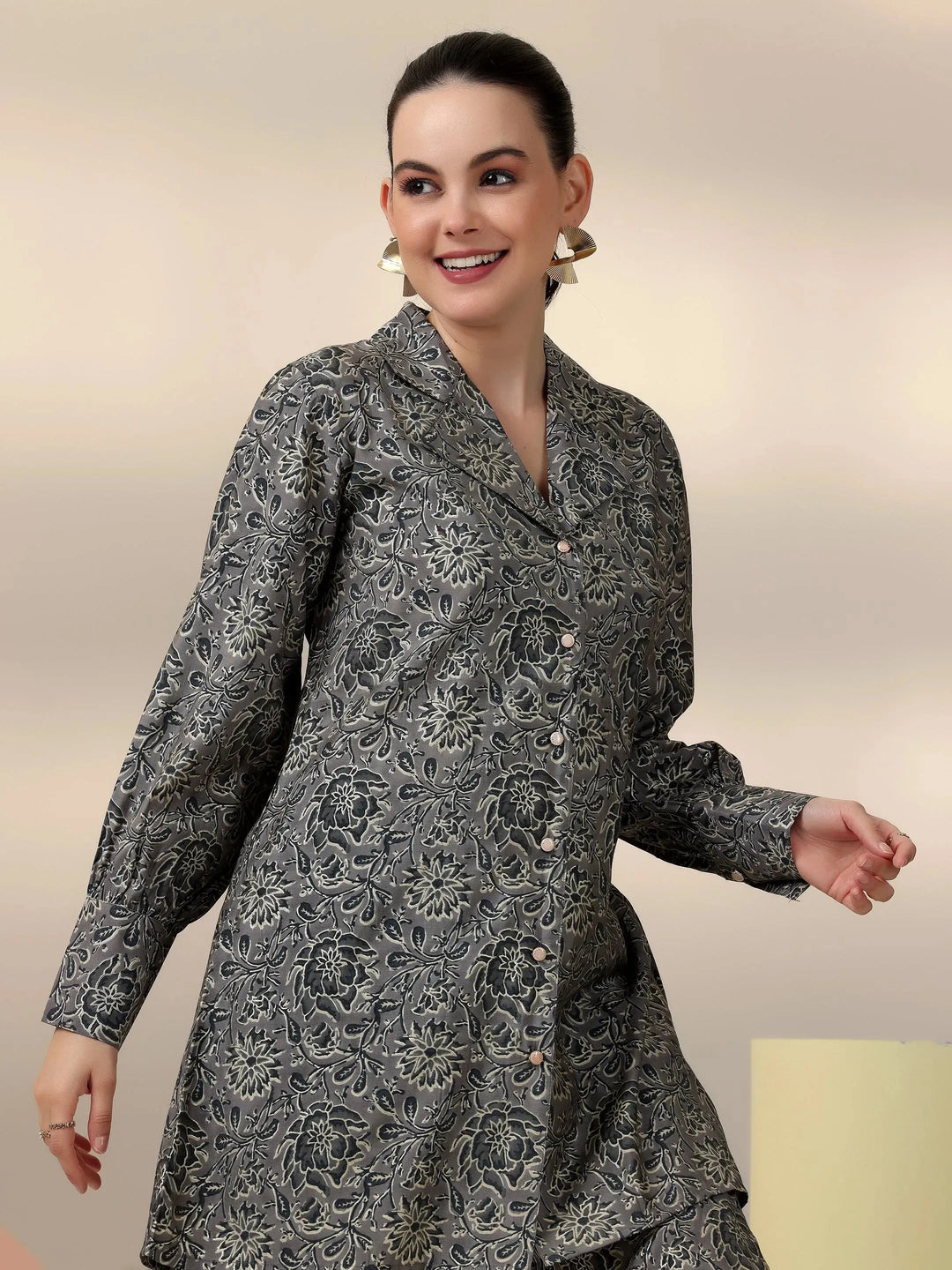  Grey Printed Silk Blend Co-Ords 