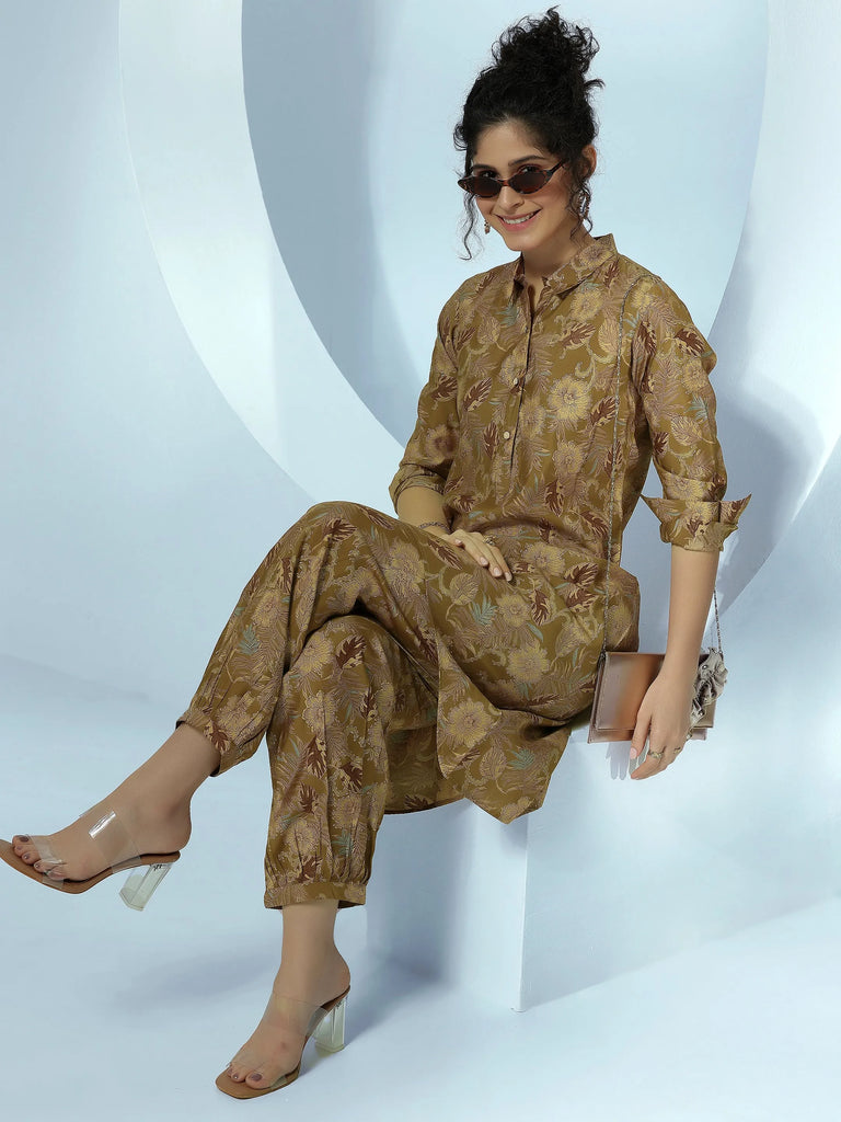 Gerua Olive Printed Silk Blend Co-Ords