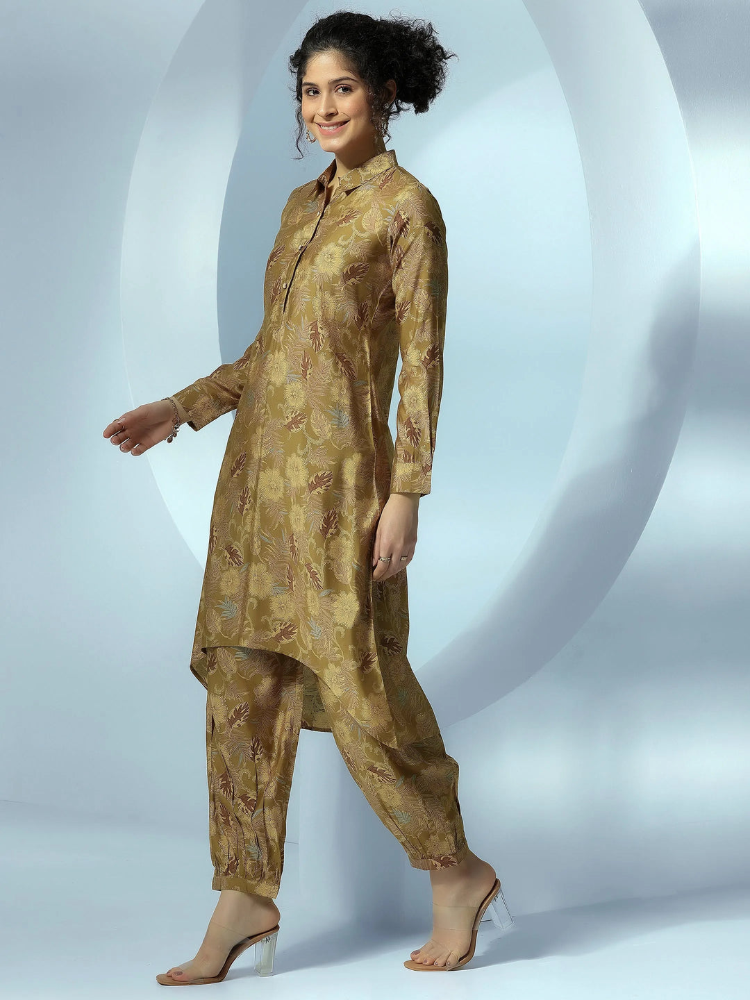  Olive Printed Silk Blend Co-Ords 