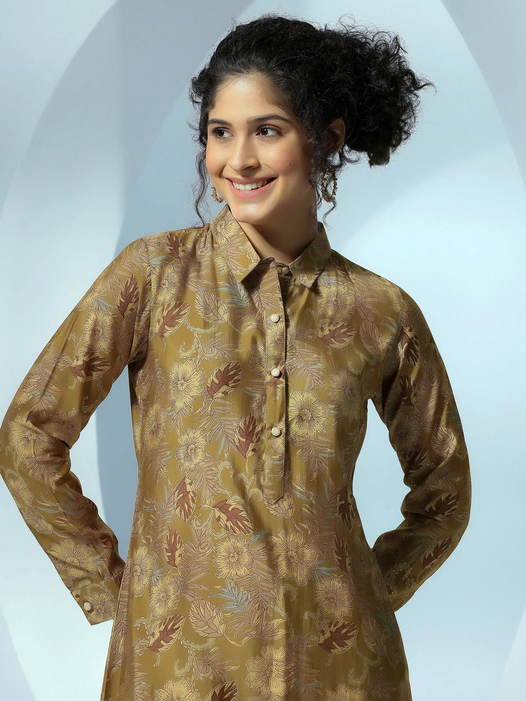  Olive Printed Silk Blend Co-Ords 