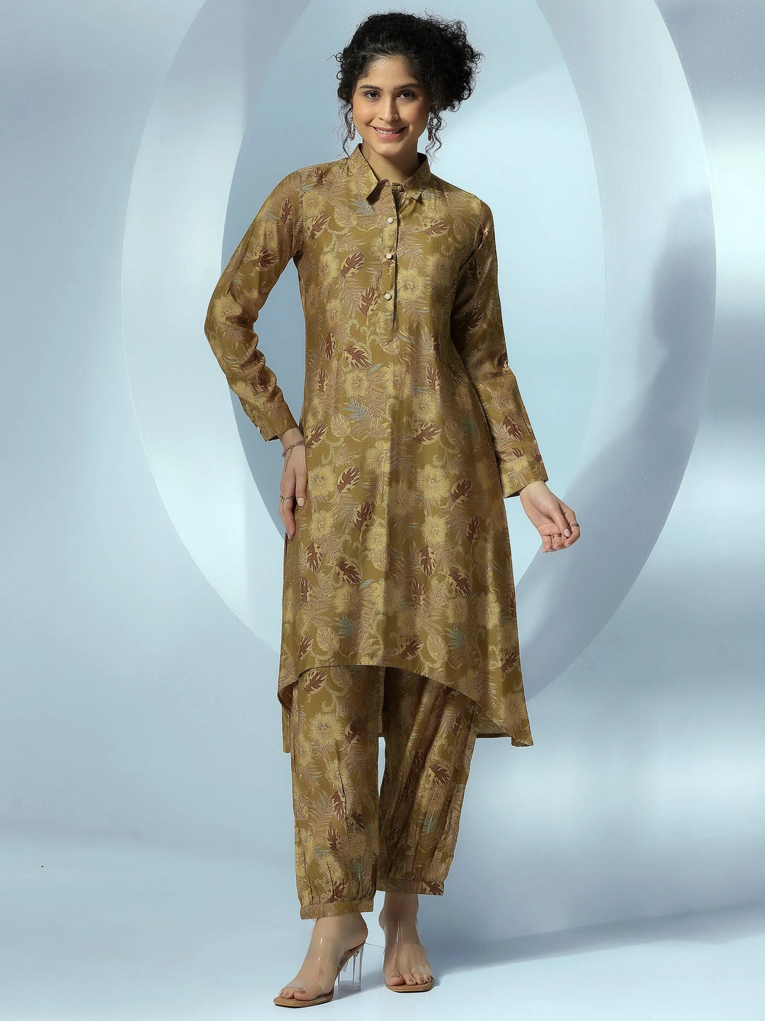  Olive Printed Silk Blend Co-Ords 