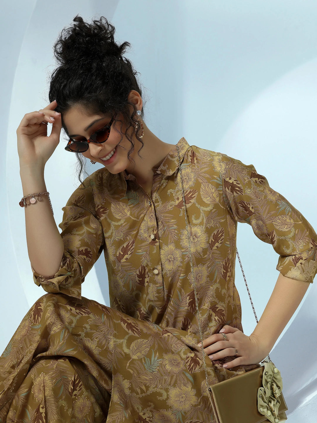  Olive Printed Silk Blend Co-Ords 
