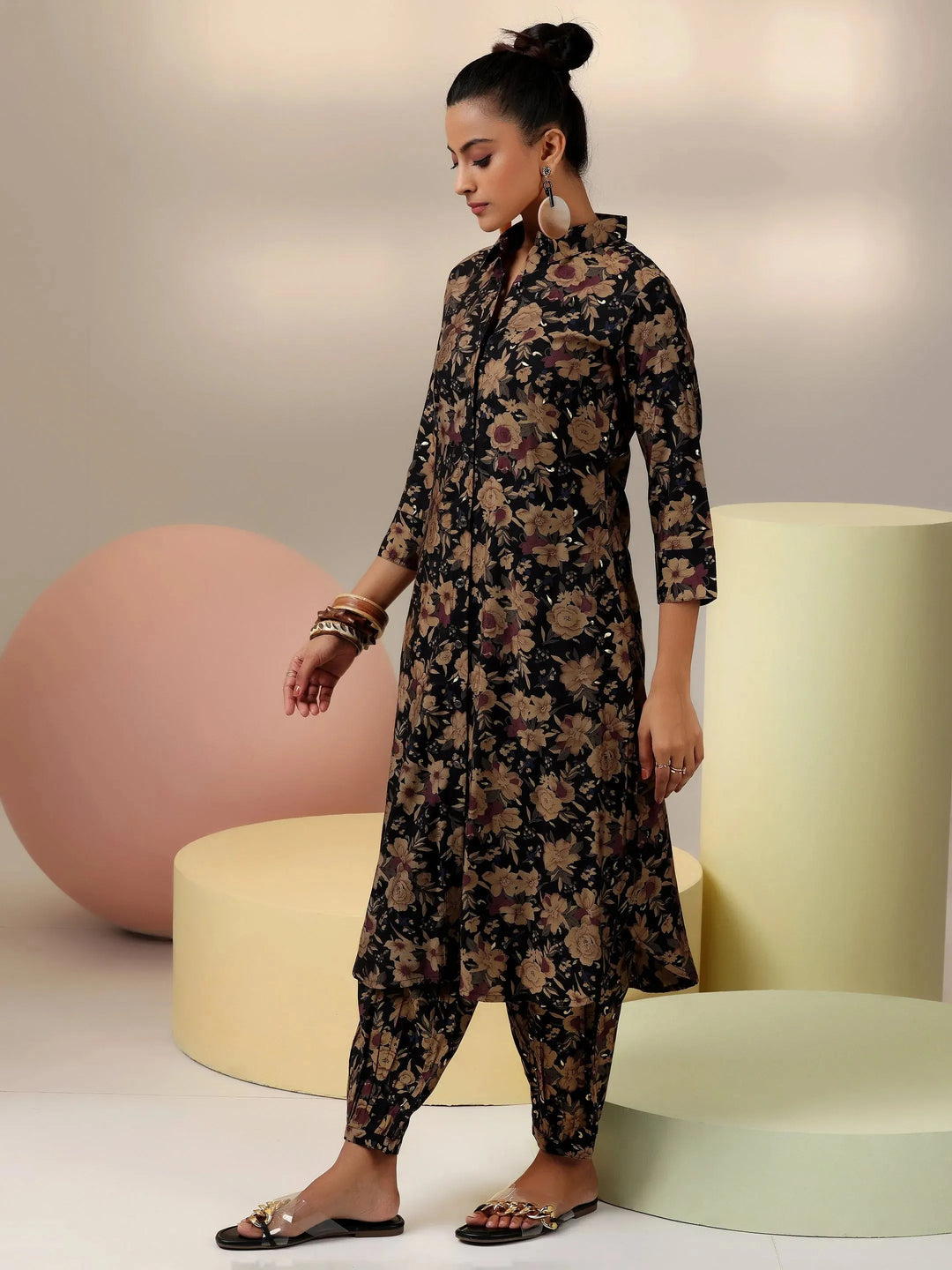  Black Printed Silk Blend Co-Ords 