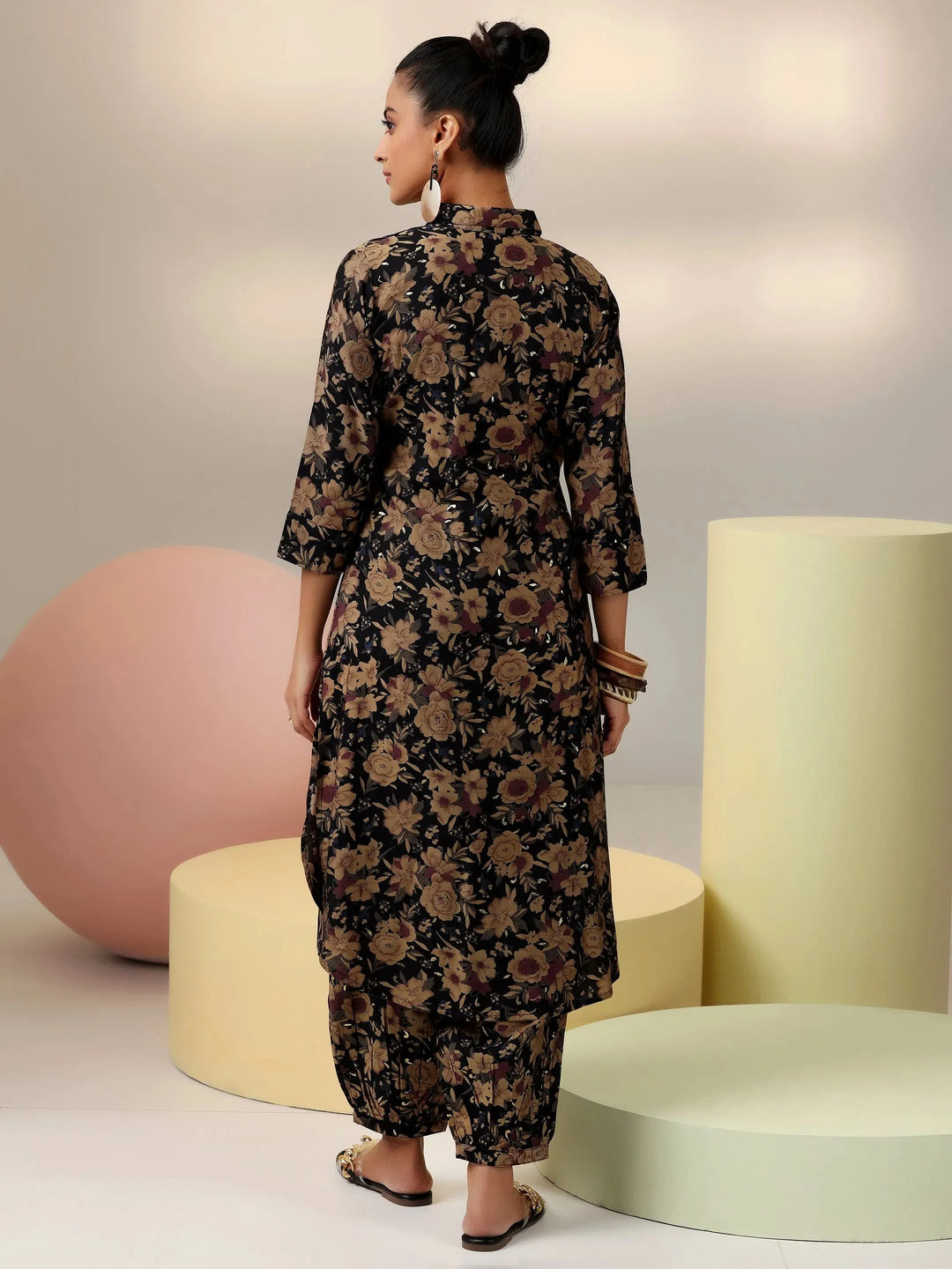  Black Printed Silk Blend Co-Ords 