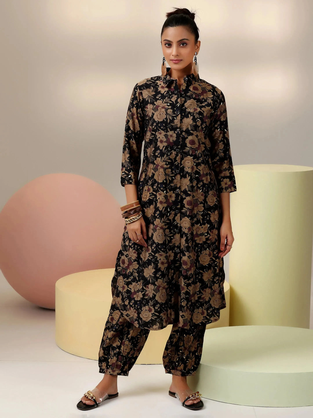  Black Printed Silk Blend Co-Ords 