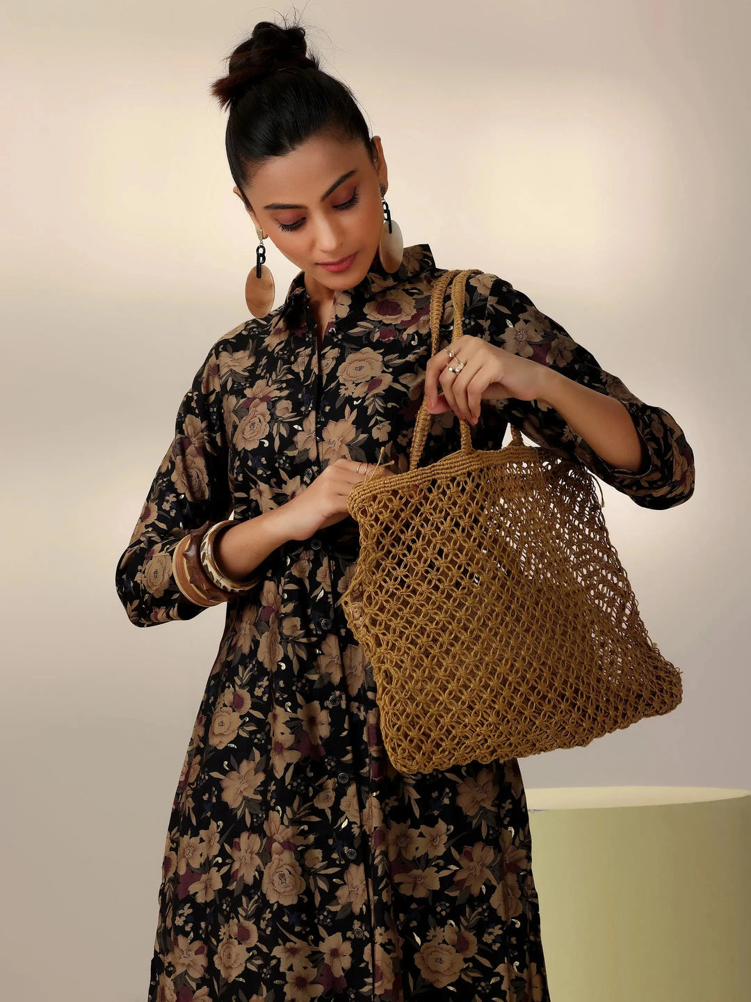  Black Printed Silk Blend Co-Ords 