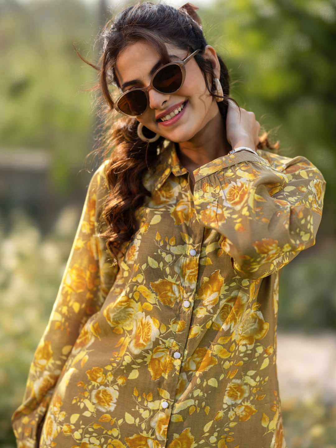  Brown Printed Silk Blend Co-Ords 