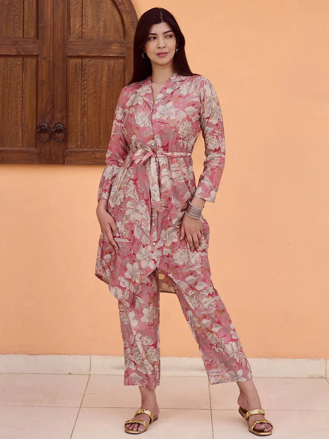  Pink Printed Silk Blend Co-Ords 