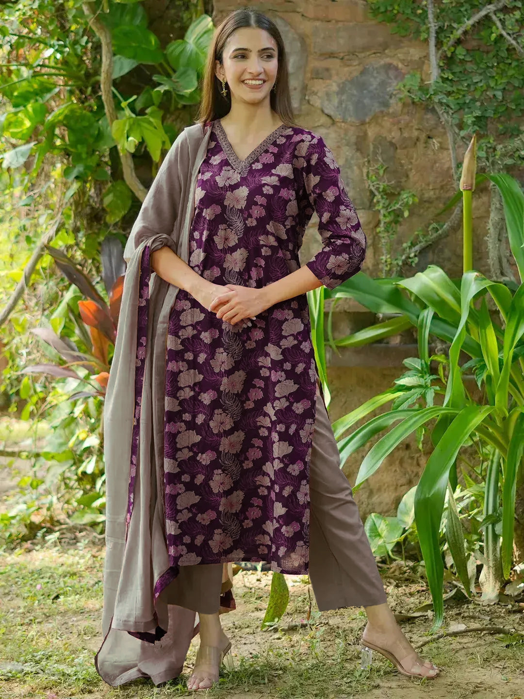 Wine Printed Cotton Straight Suit With Dupatta