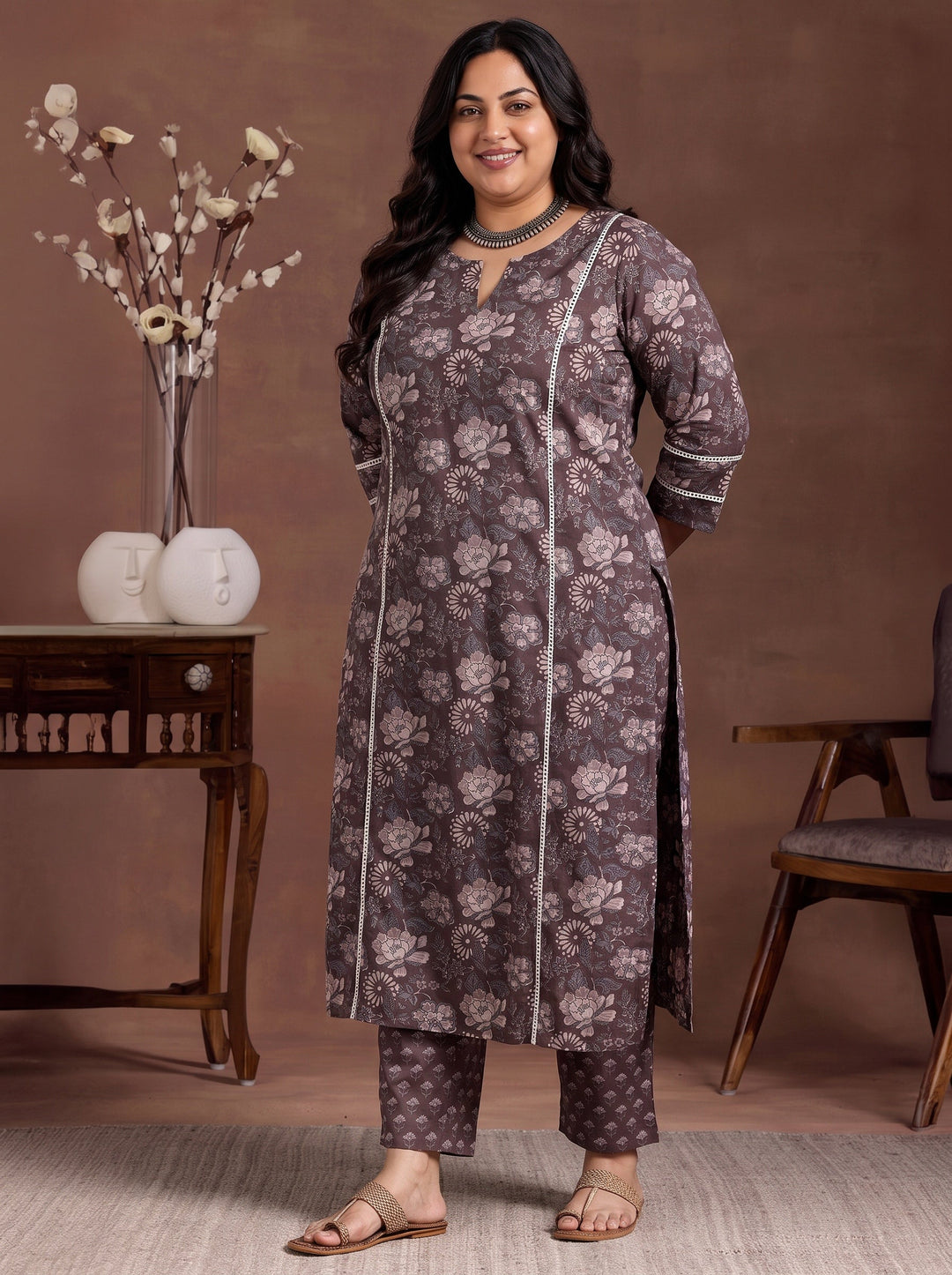  Plus Size Brown Printed Cotton Straight Kurta Set 