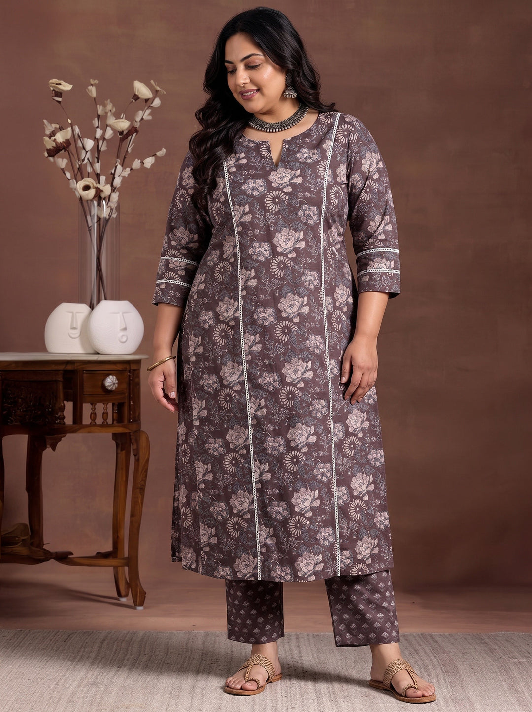  Plus Size Brown Printed Cotton Straight Kurta Set 