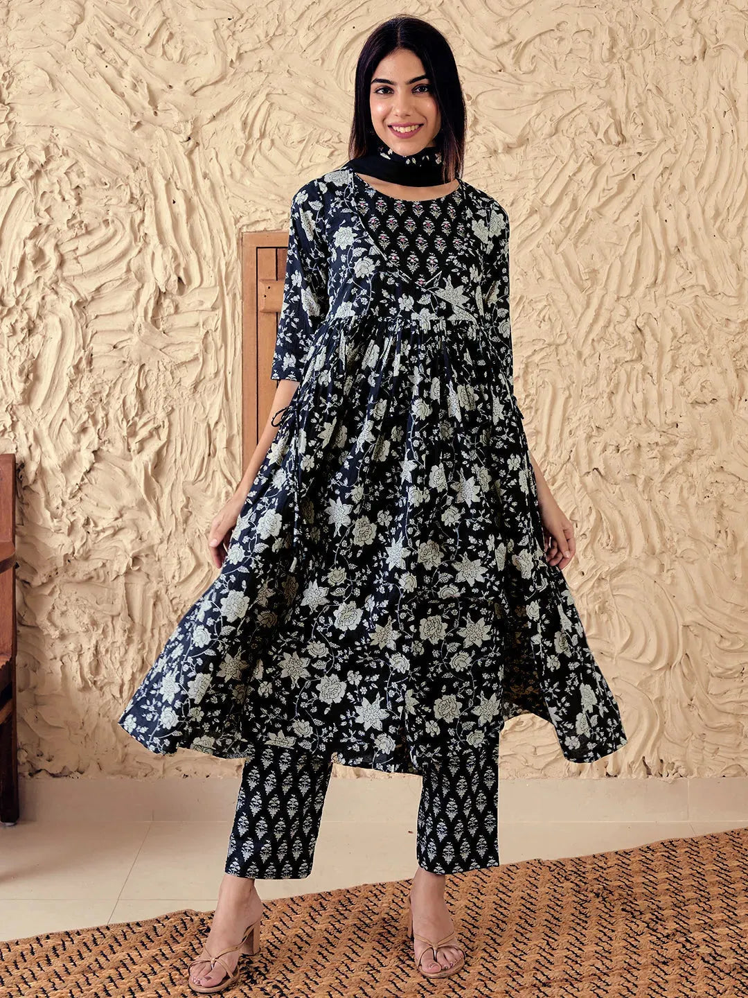  Black Printed Pure Cotton Anarkali Suit With Dupatta 