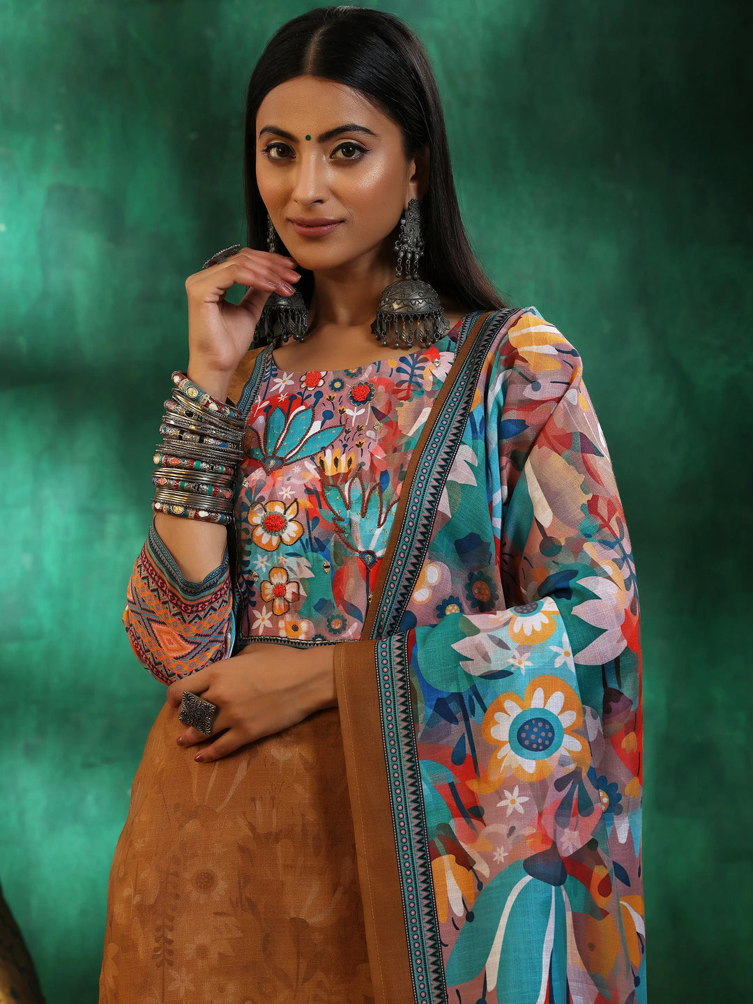  Mustard Printed Linen Straight Suit With Dupatta 