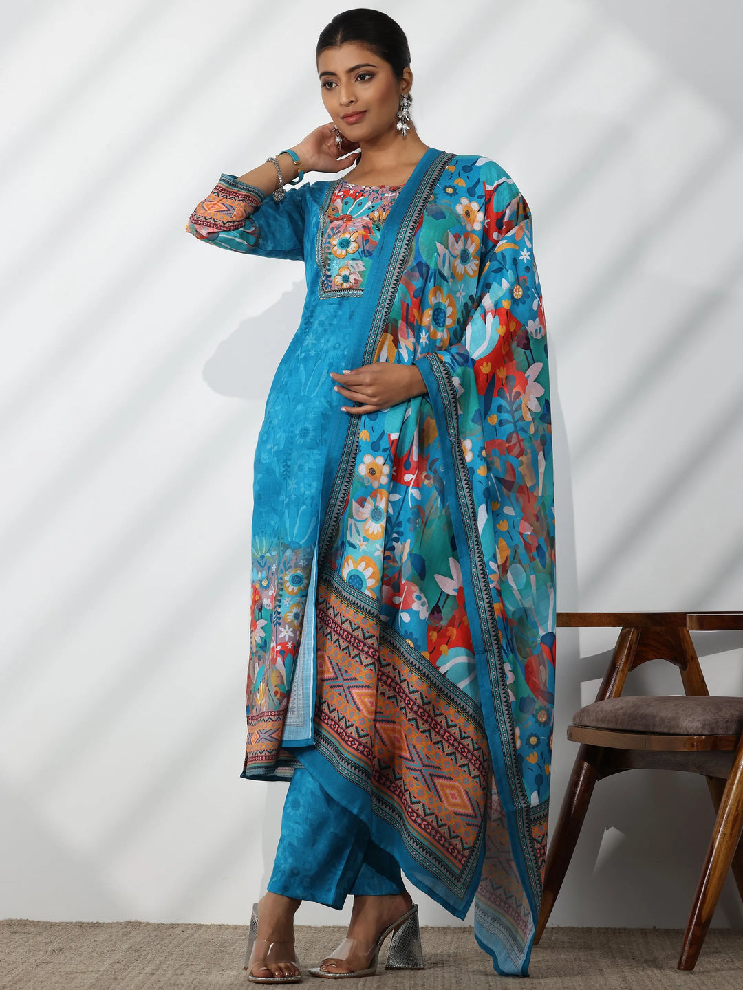  Blue Printed Linen Straight Suit With Dupatta 