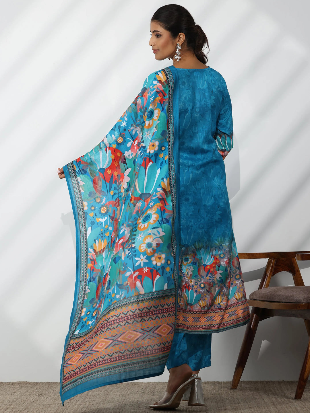  Blue Printed Linen Straight Suit With Dupatta 