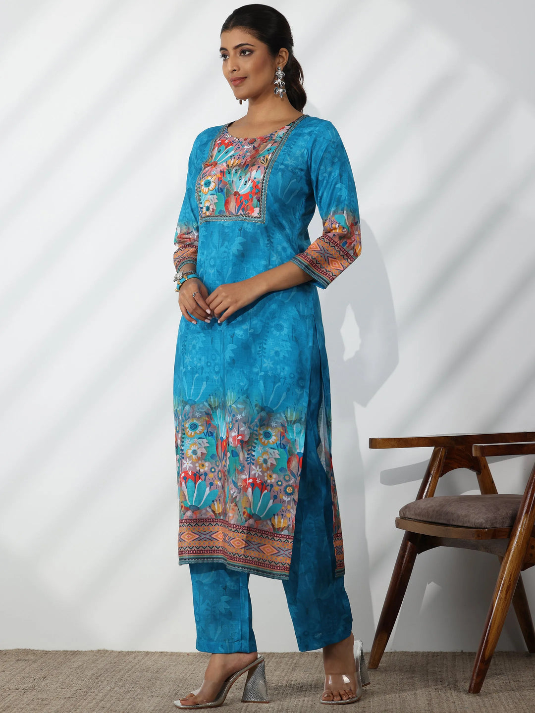  Blue Printed Linen Straight Suit With Dupatta 