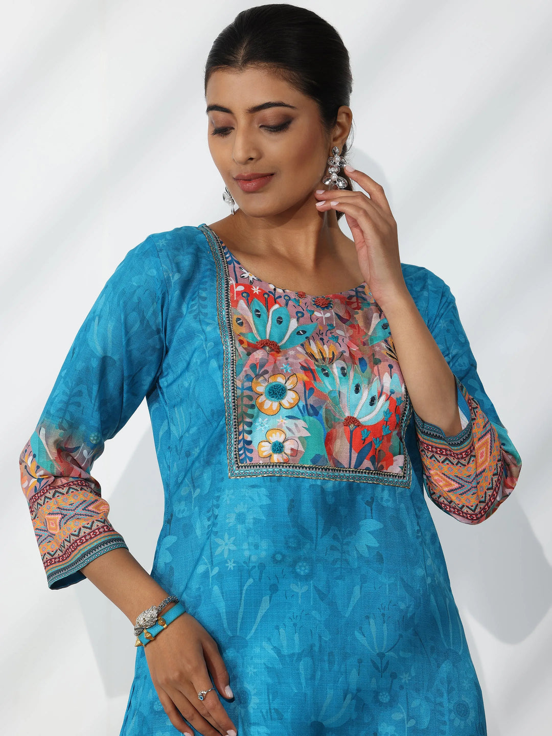  Blue Printed Linen Straight Suit With Dupatta 