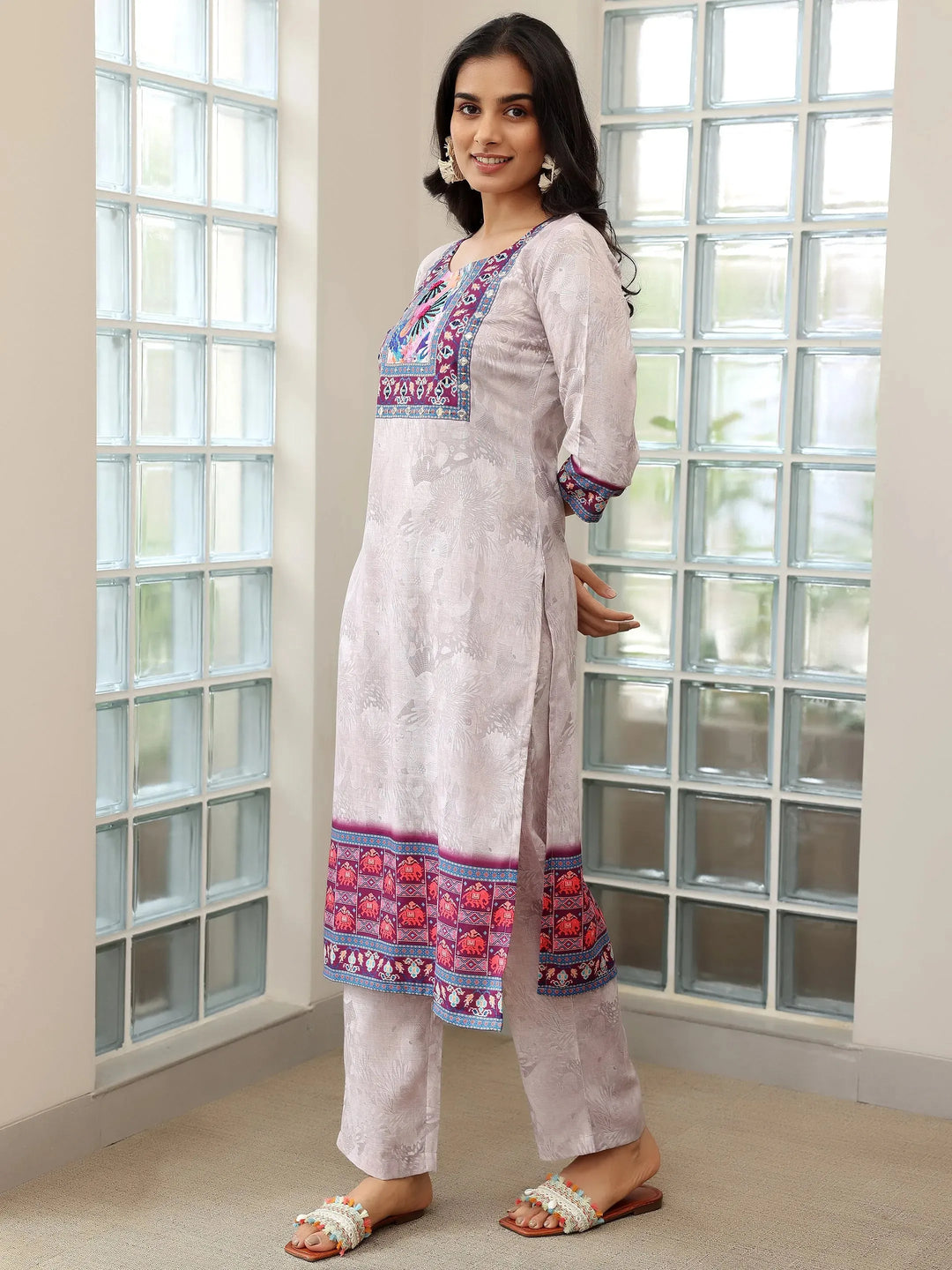  Grey Printed Linen Straight Suit With Dupatta 