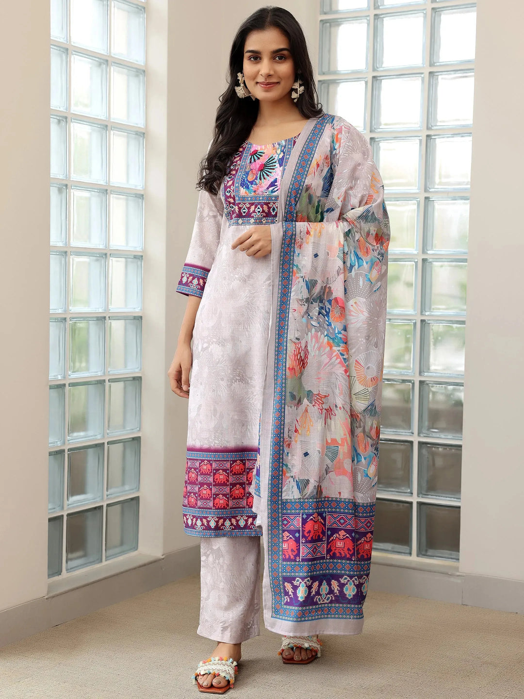  Grey Printed Linen Straight Suit With Dupatta 