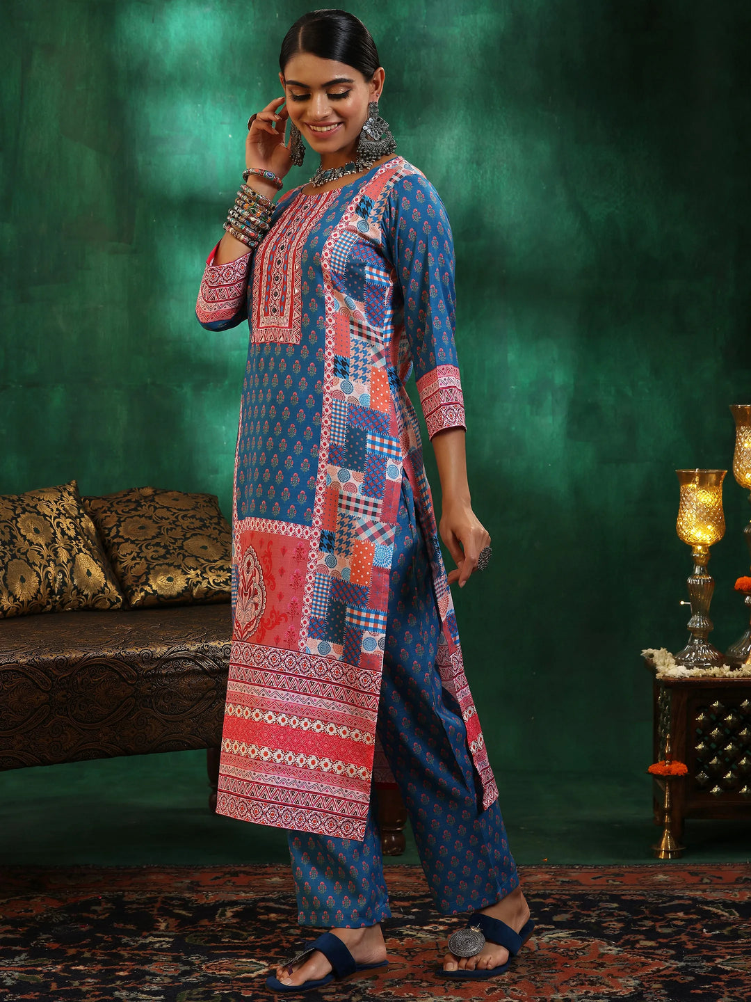  Multicoloured Printed Linen Straight Suit With Dupatta 