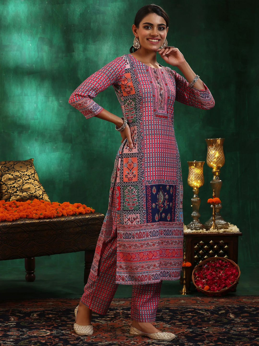  Multicoloured Printed Linen Straight Suit With Dupatta 