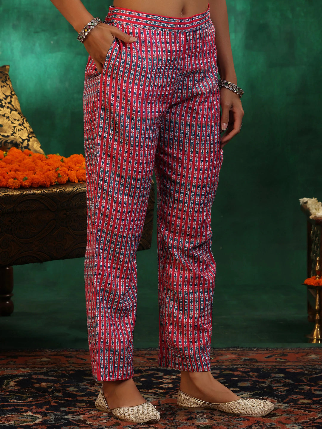  Multicoloured Printed Linen Straight Suit With Dupatta 