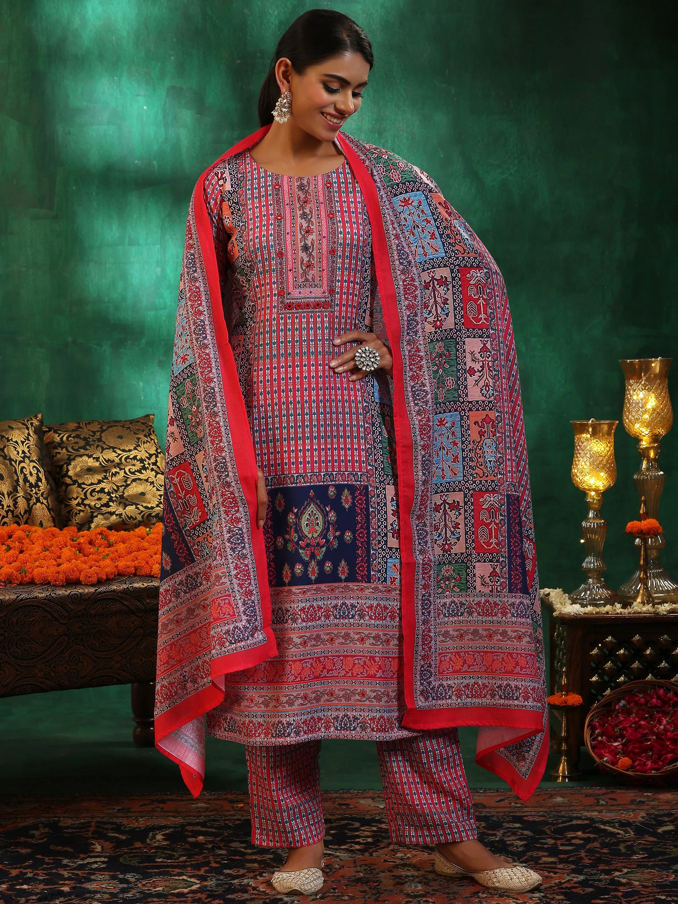 Multicoloured Printed Linen Straight Suit With Dupatta-image-3