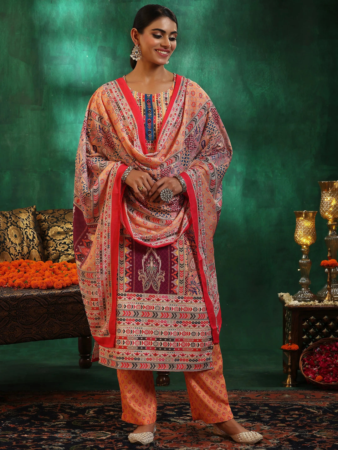  Multicoloured Printed Cotton Blend Straight Suit With Dupatta 