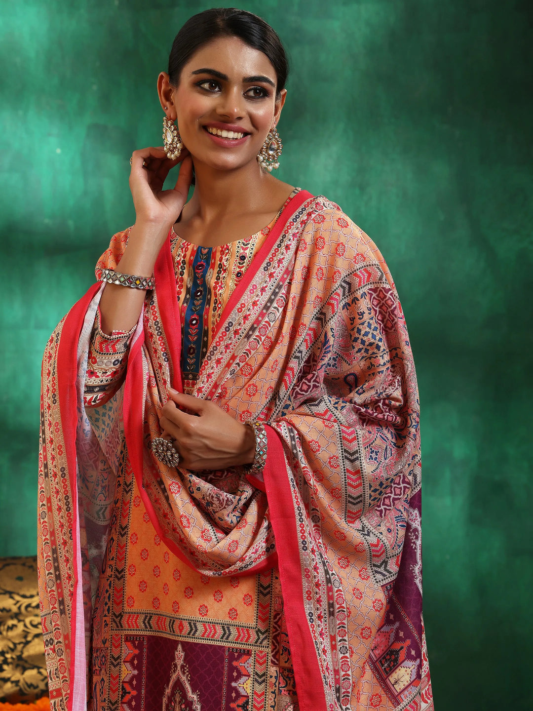  Multicoloured Printed Cotton Blend Straight Suit With Dupatta 