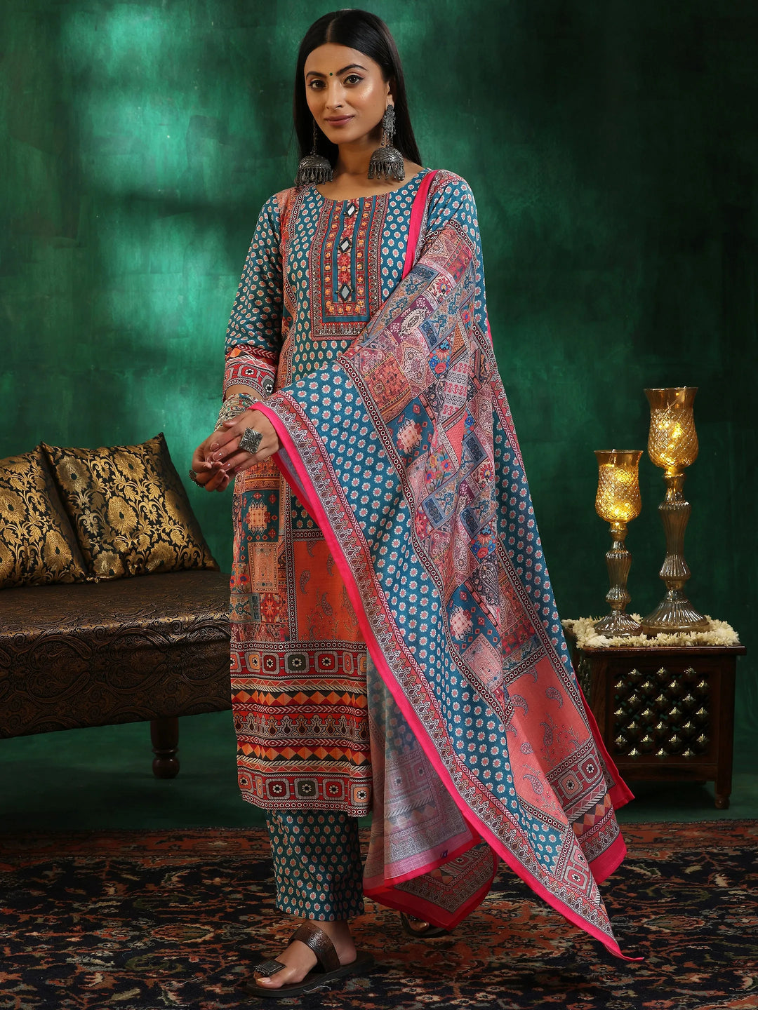  Multicoloured Printed Linen Straight Suit With Dupatta 