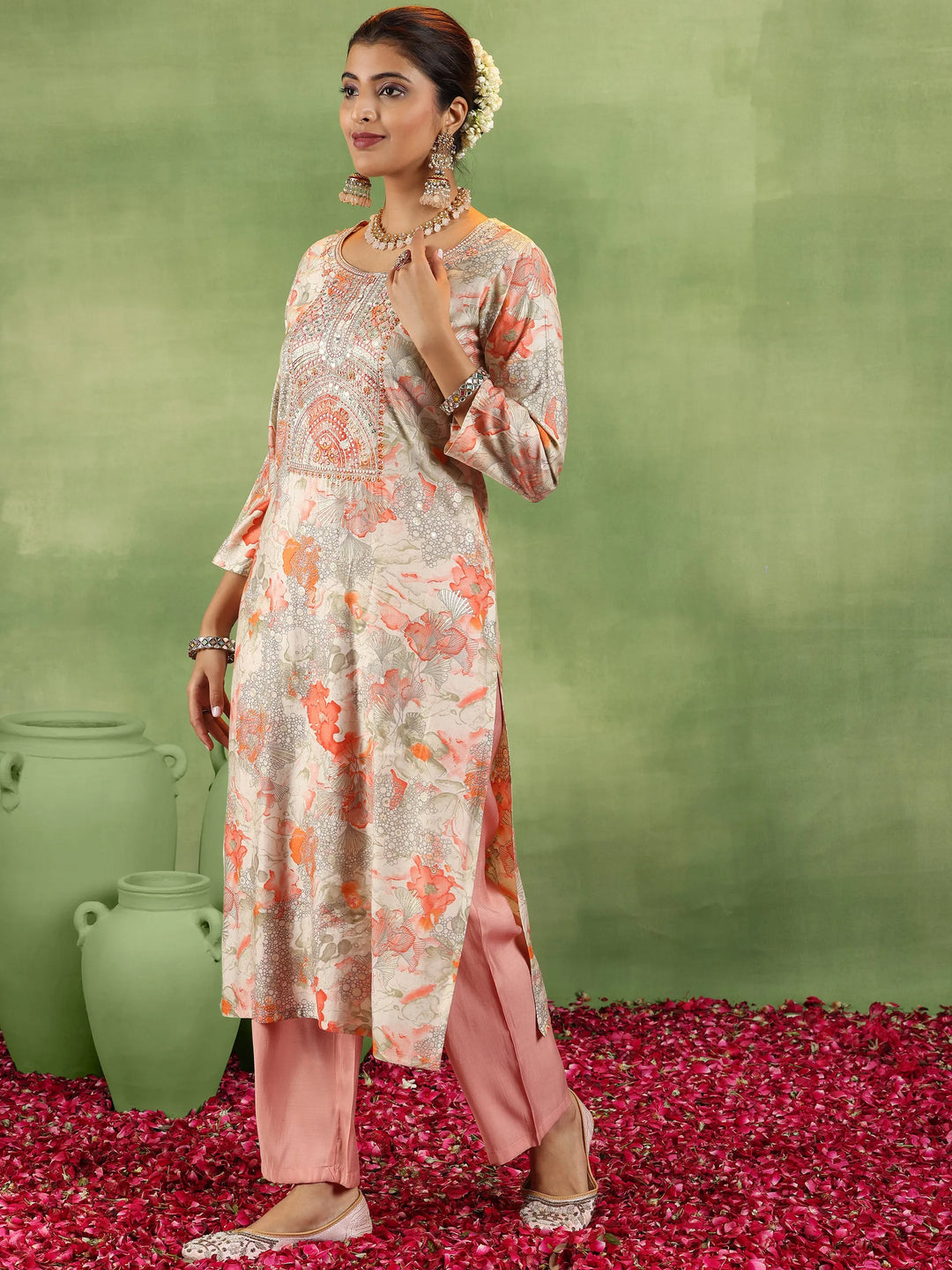  Peach Printed Silk Blend Straight Suit With Dupatta 