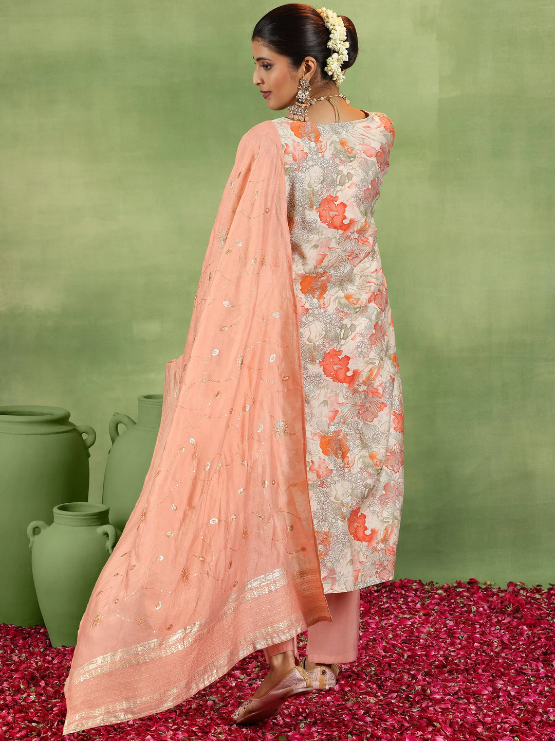  Peach Printed Silk Blend Straight Suit With Dupatta 