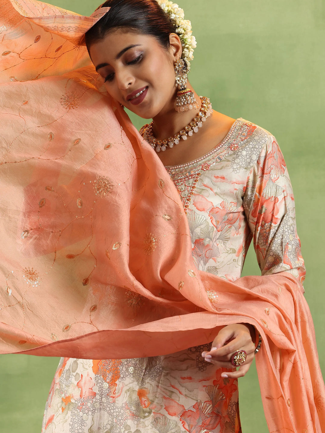  Peach Printed Silk Blend Straight Suit With Dupatta 