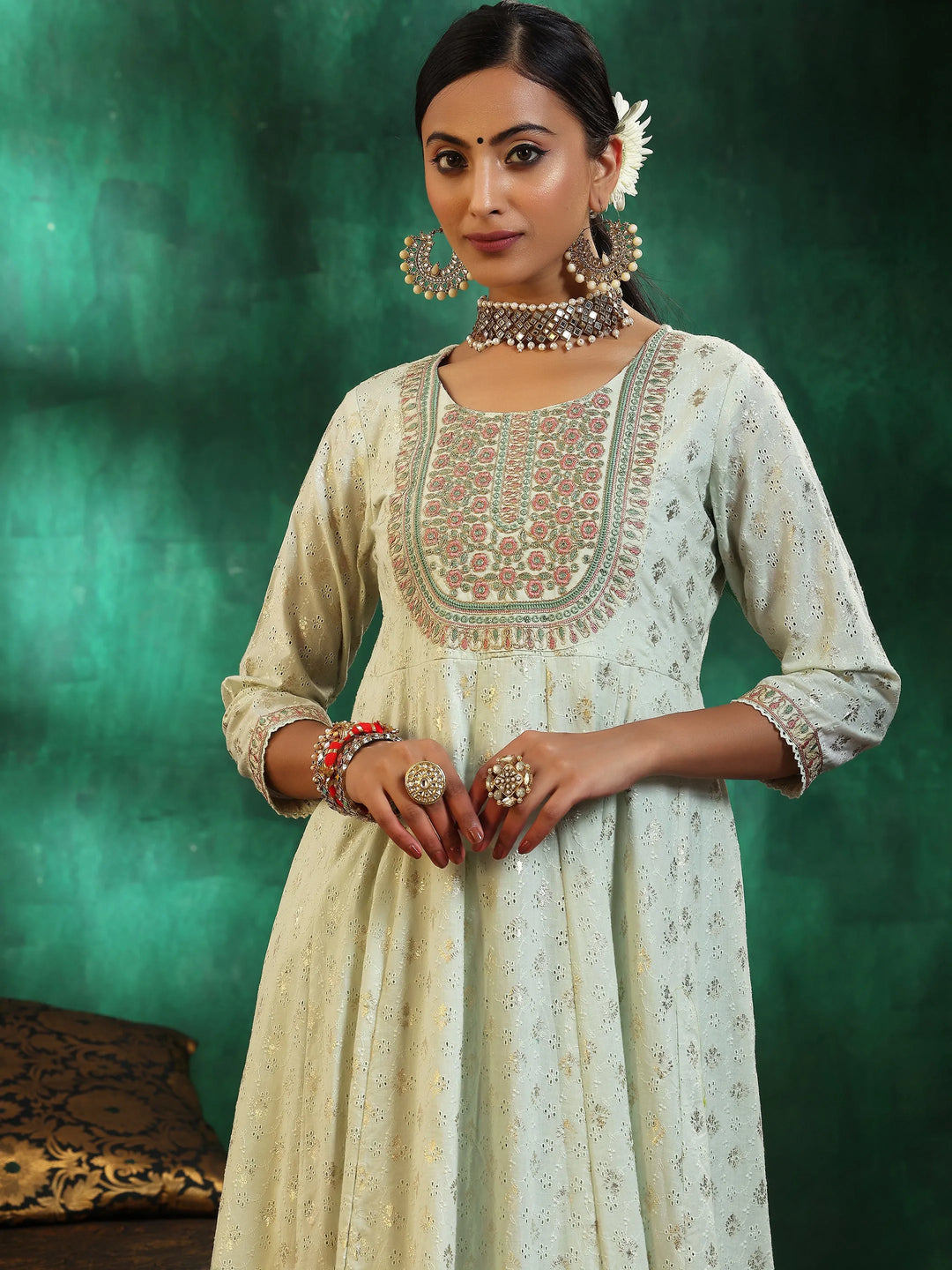  Sea Green Embroidered Cotton A-Line Kurta With Trousers & Dupatta 