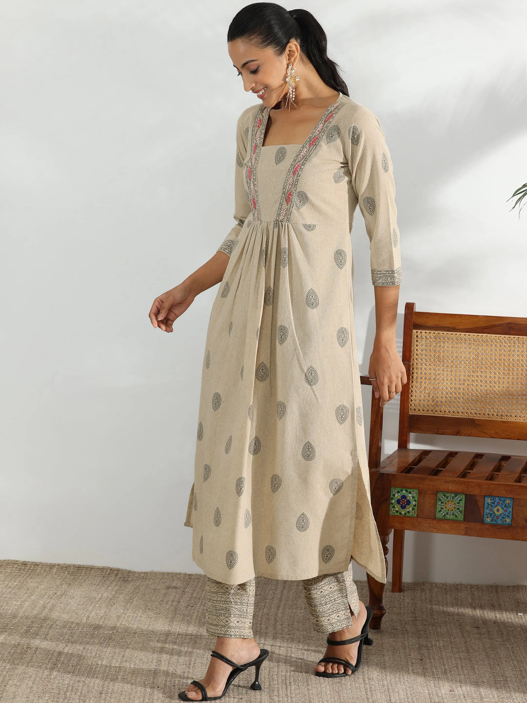  Beige Printed Cotton Blend A-Line Kurta With Trousers 