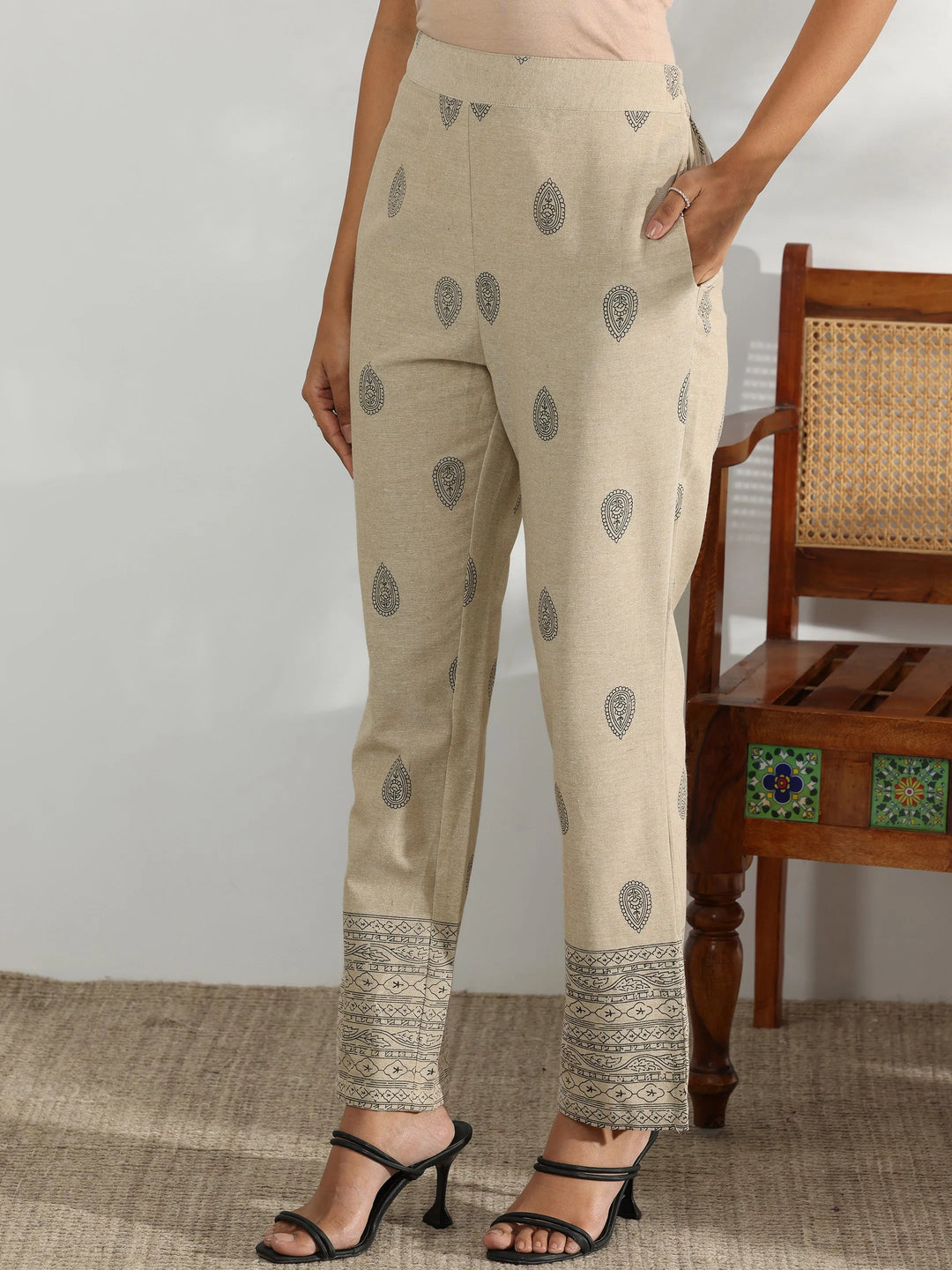  Beige Printed Cotton Blend A-Line Kurta With Trousers 