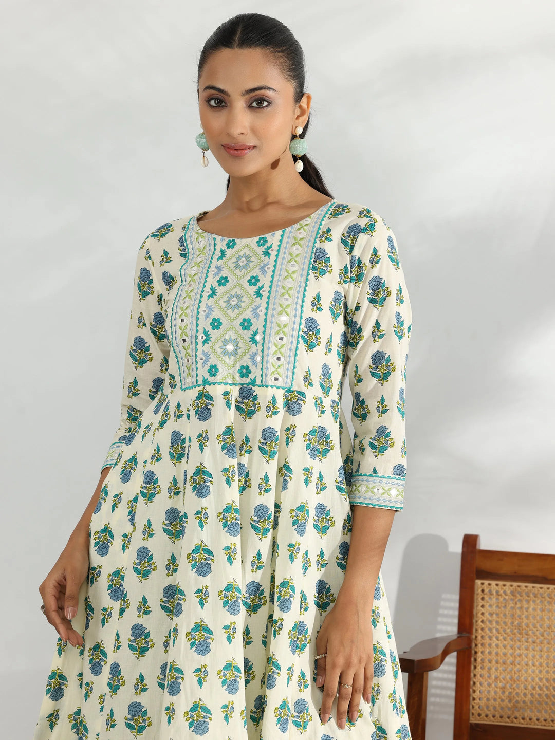  Off White Printed Cotton Anarkali Kurta Set 