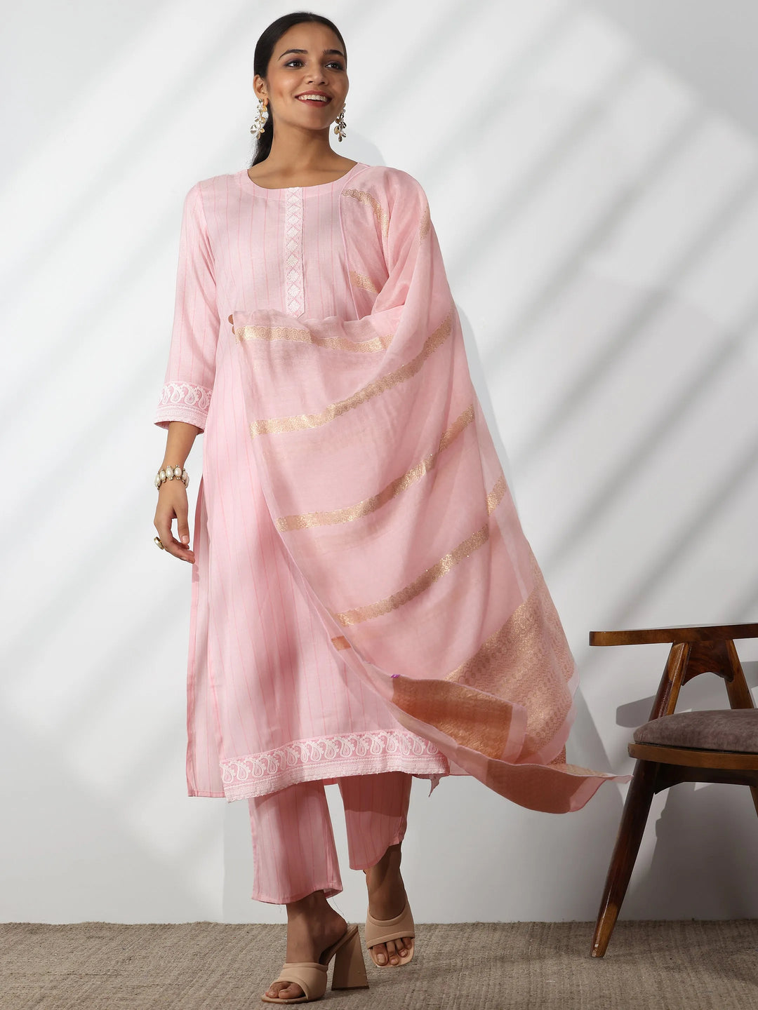  Pink Embroidered Cotton Blend Straight Suit With Dupatta 