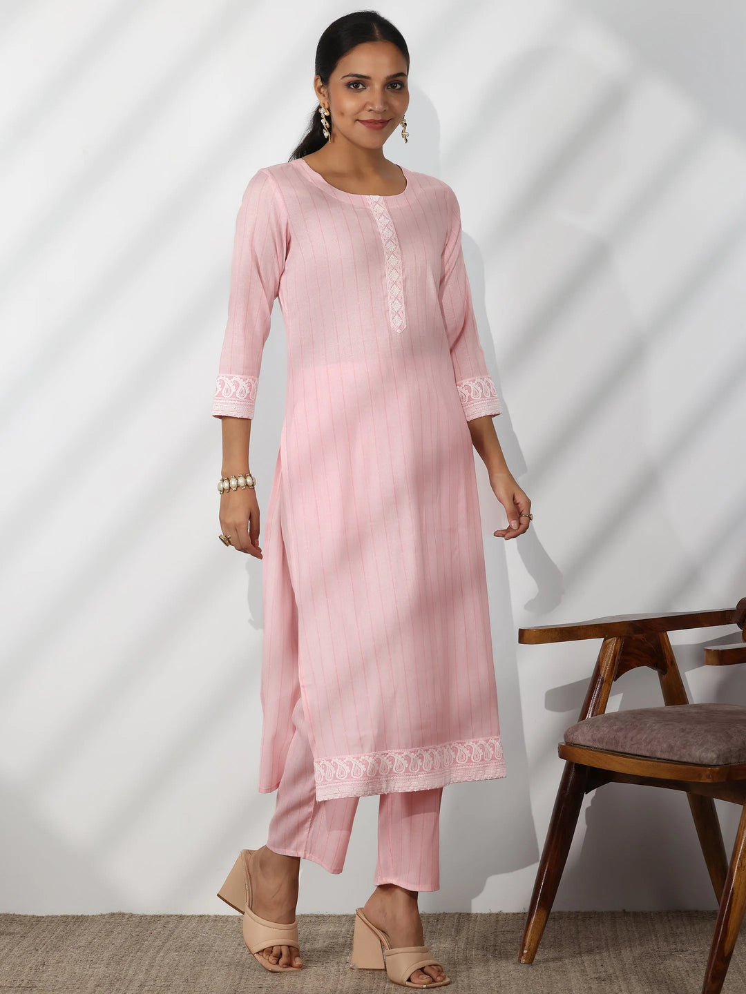  Pink Embroidered Cotton Blend Straight Suit With Dupatta 