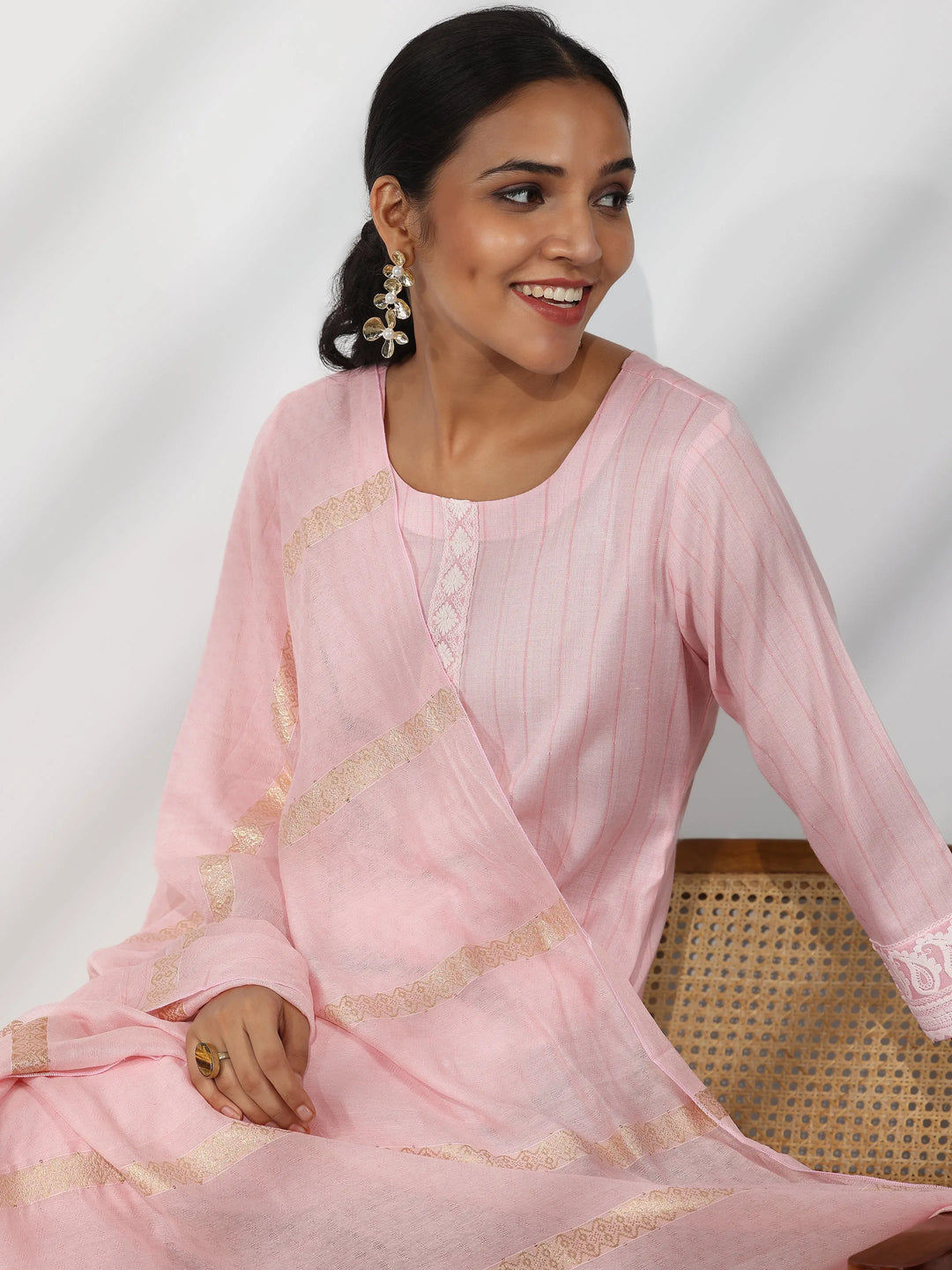  Pink Embroidered Cotton Blend Straight Suit With Dupatta 