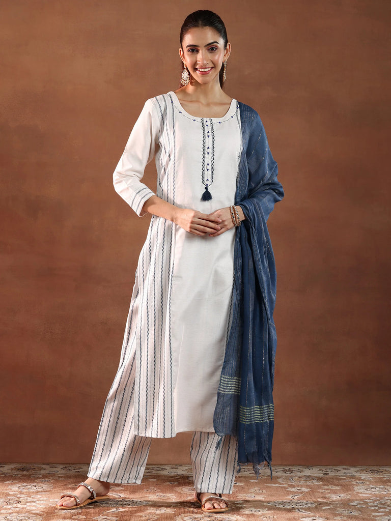 Libas Off White Printed Cotton Blend Straight Suit With Dupatta