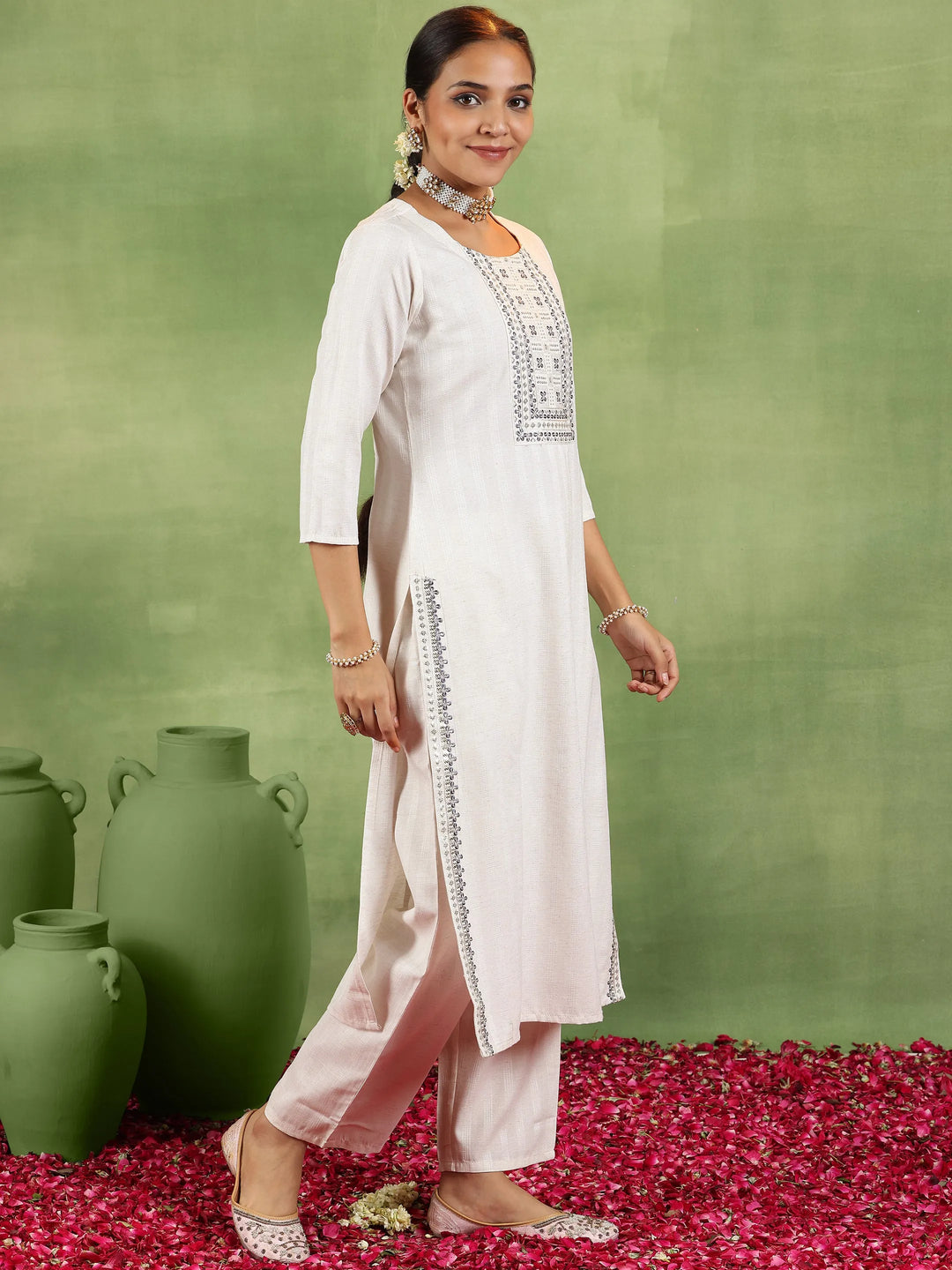  Off White Woven Design Cotton Blend Straight Suit With Dupatta 