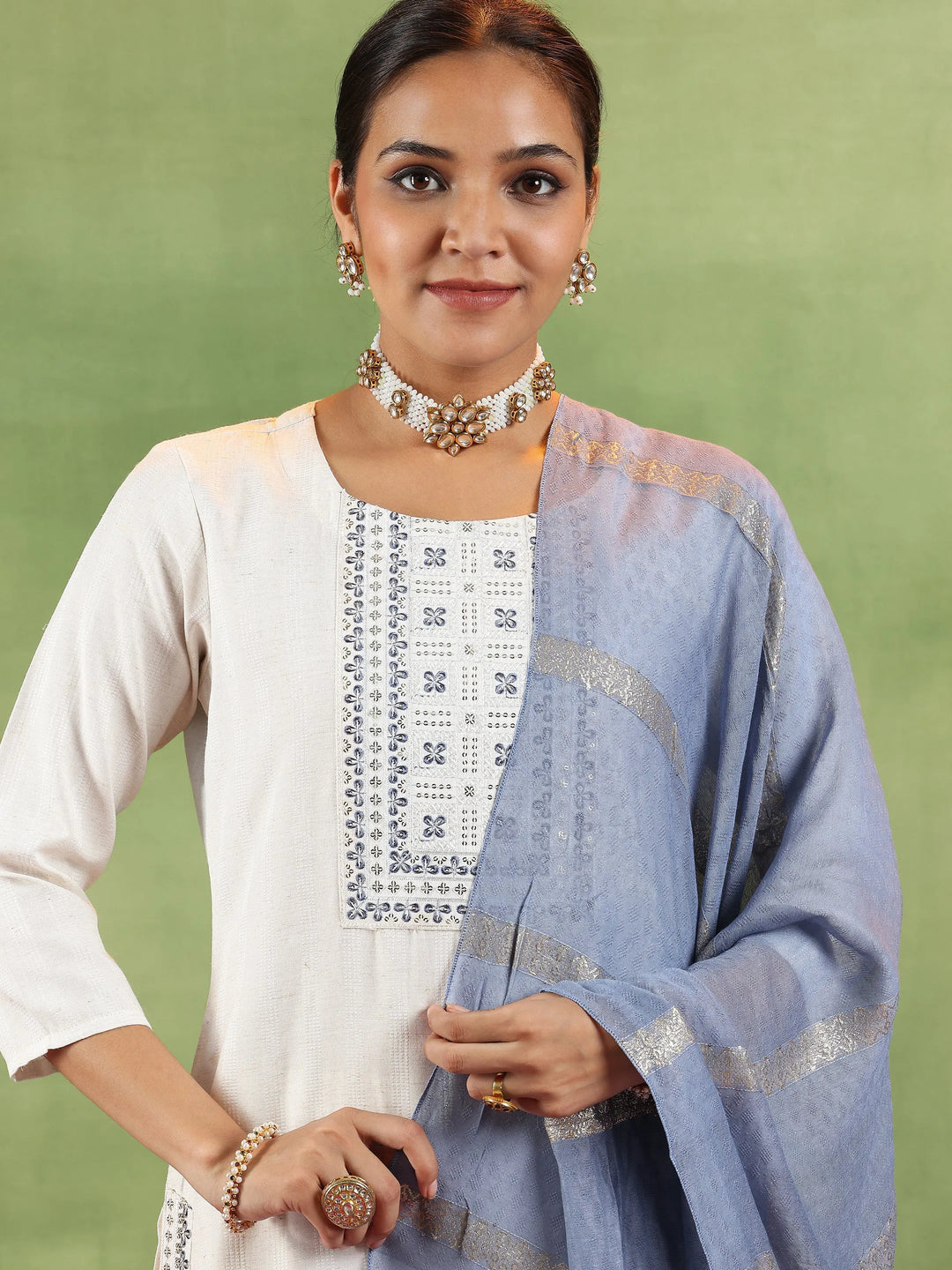  Off White Woven Design Cotton Blend Straight Suit With Dupatta 